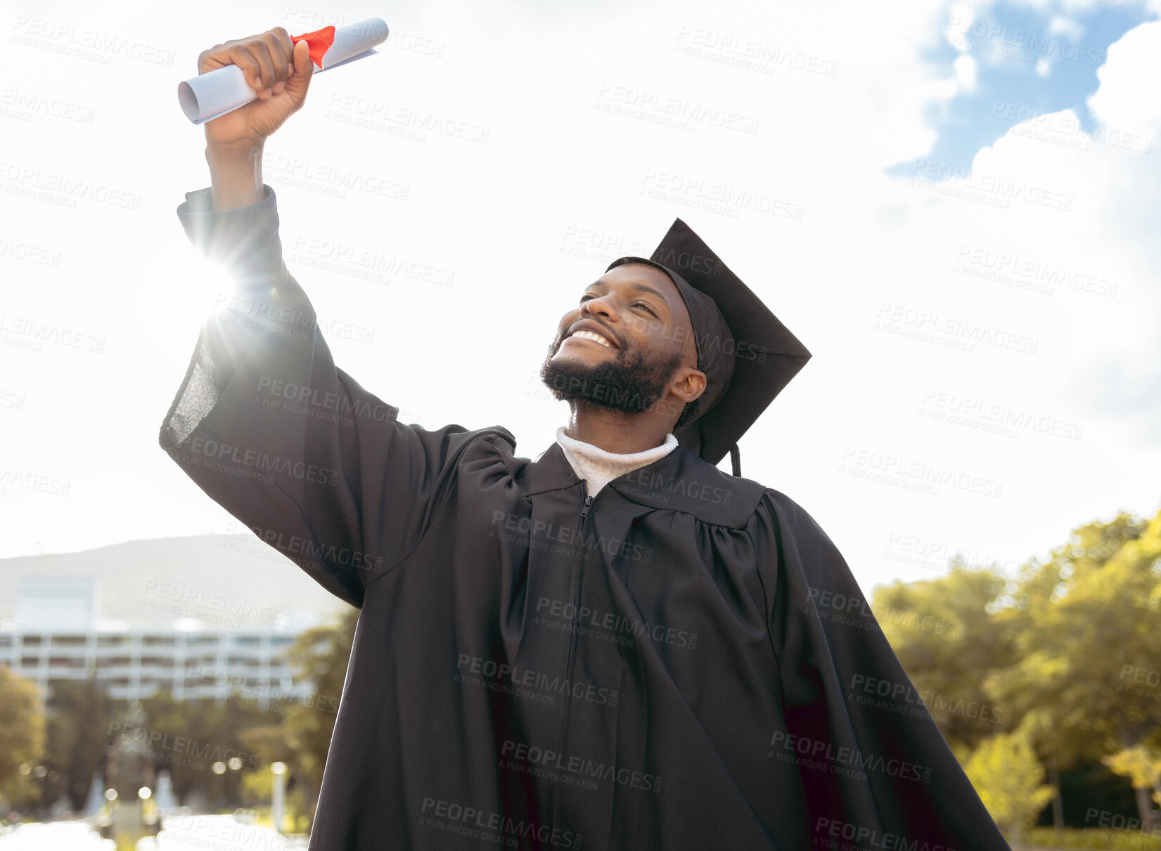 Buy stock photo Graduation event, diploma and black man celebrate achievement, success and smile. Happy graduate, education certificate and winner of university goals, learning award and student motivation of future