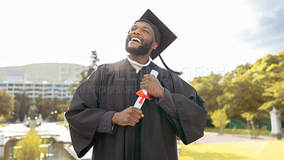 Buy stock photo Student graduation, black man and thinking of success, achievement or goals at outdoor college event. Happy graduate, education award and future mission, dream and motivation of degree, hope or pride