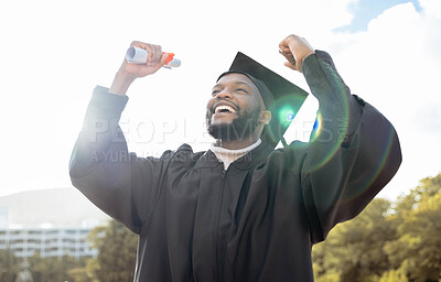 Buy stock photo Graduation, fist and black man celebrate success, achievement and college target. Happy graduate, education celebration and excited for university goals, learning award and student motivation of hope