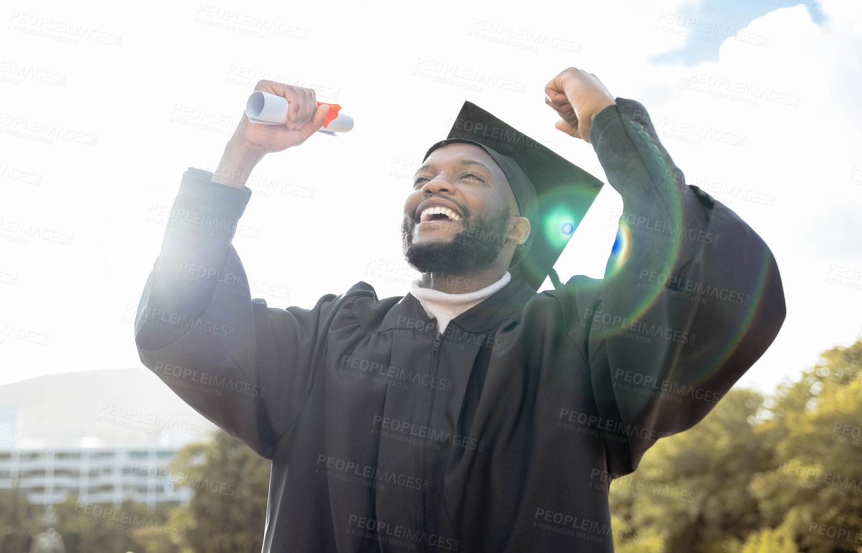 Buy stock photo Graduation, fist and black man celebrate success, achievement and college target. Happy graduate, education celebration and excited for university goals, learning award and student motivation of hope