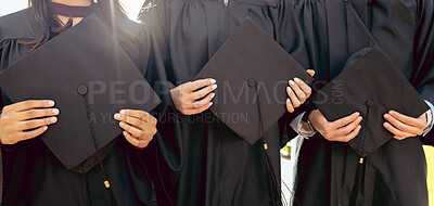 Buy stock photo University student group, hands and holding graduation cap together in queue, cropped and success for study goal. Friends, students and graduate celebration for education, learning and future career