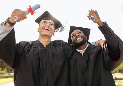 Buy stock photo Graduation, friends and pride of success, achievement or goals at outdoor college celebration. Happy graduate men thinking of future, education award and dream of motivation, hope or winning students
