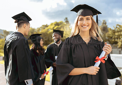 Buy stock photo Woman, student and portrait smile for graduation, ceremony or achievement in higher education. Happy female academic learner holding certificate, qualification or degree for university scholarship