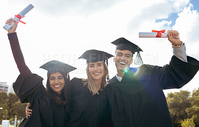 Buy stock photo Graduation, students and portrait of friends, certificate and diploma of success at outdoor college event. Happy people, school graduate and group smile for university goals, award and celebration 