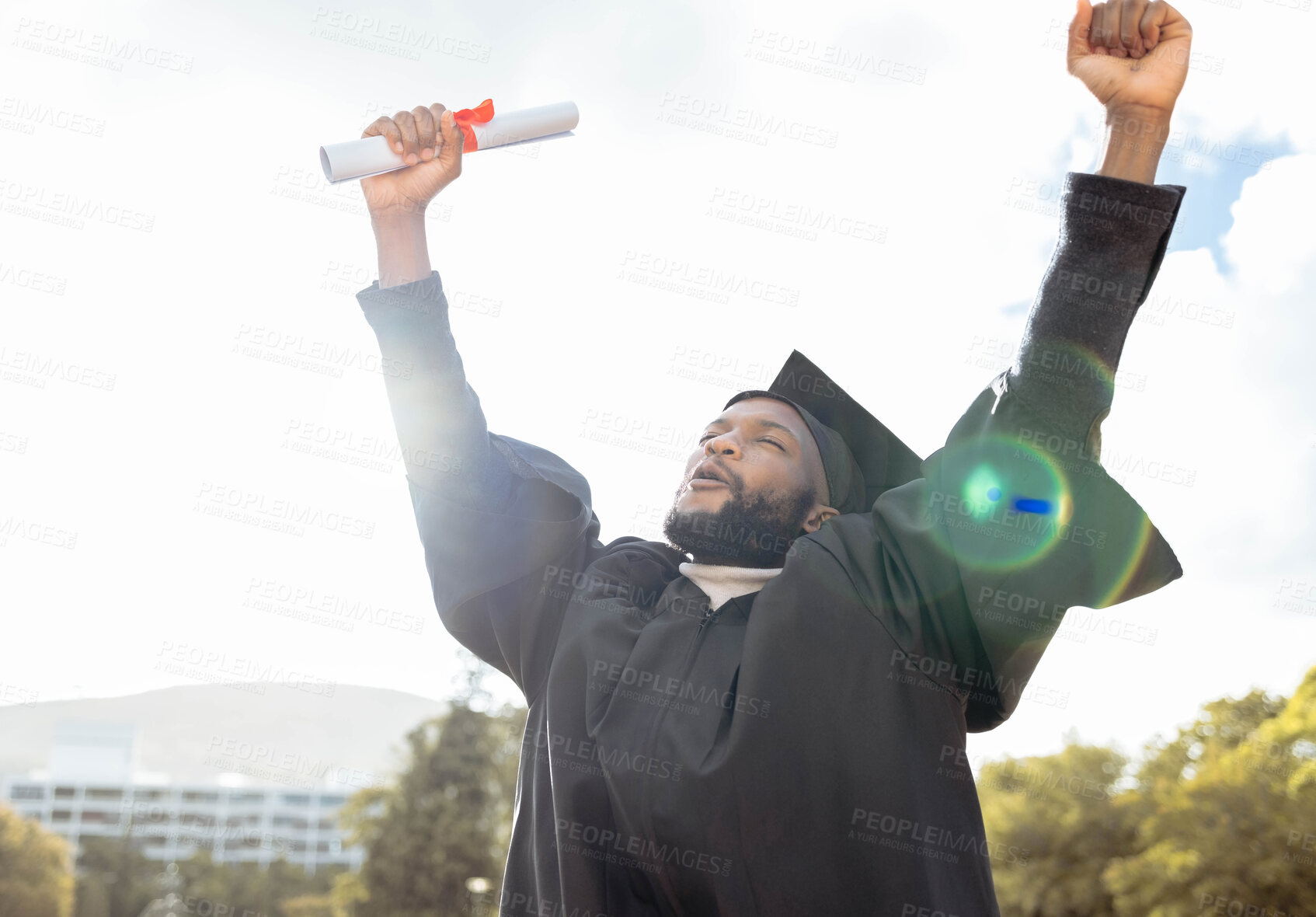 Buy stock photo Graduation, cheering and black man celebrate success, achievement and college target. Happy graduate, education celebration and excited for university goals, learning award and student motivation 