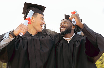 Buy stock photo Graduation, celebration and friends with diploma, success and pride. Happy men, graduate students and certificate of study goals, award and smile for certified education, motivation and winning event