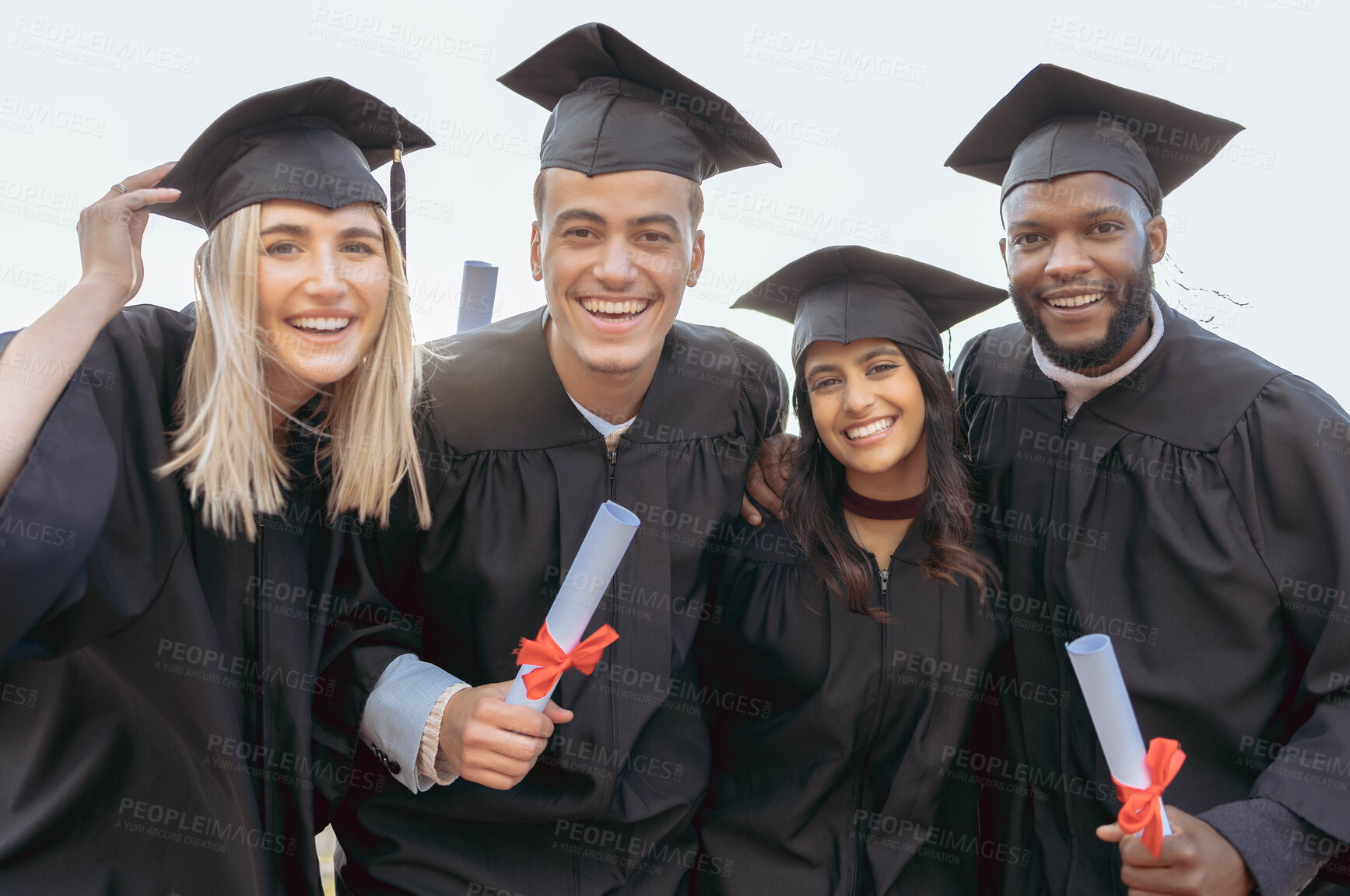 Buy stock photo Education, university and portrait of students for graduation, success and achievement in college. School, graduate and group of friends in celebration with certificate, diploma and academic degree