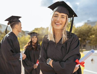 Buy stock photo Graduation, students and portrait of woman, certificate and diploma of success at outdoor college event. Happy graduate, education and smile for university goals, learning award and dream celebration