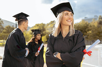 Buy stock photo Education, woman thinking and graduation outdoor, happiness and future with success, completed degree and smile. Young female, students and academic excited, daydreaming and ideas for opportunity