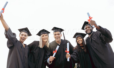 Buy stock photo Graduation, friends and portrait of students with success, education award and achievement in college. School, graduate and group of people in celebration for certificate, diploma and academic degree