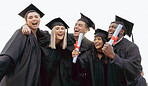Education, university and students in celebration for graduation, success and achievement in college. School, future goals and excited group of friends with certificate, diploma and academic degree