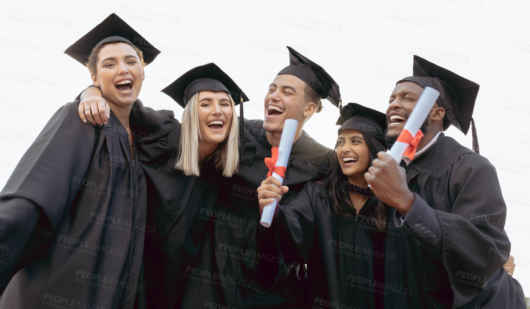 Buy stock photo Education, university and students in celebration for graduation, success and achievement in college. School, future goals and excited group of friends with certificate, diploma and academic degree