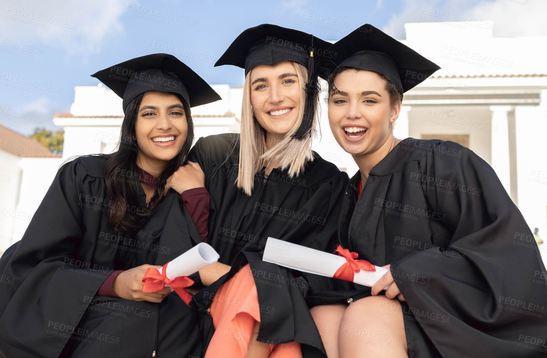 Buy stock photo Graduation, smile and portrait of women, group and scholarship success. Happy diversity students, graduate friends and study goals with award, pride and motivation of education, university or college
