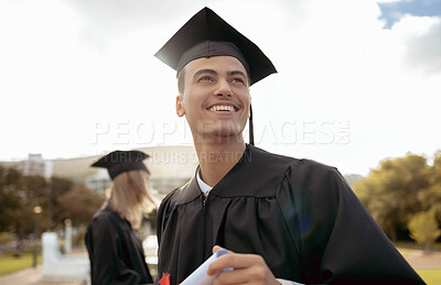 Buy stock photo Graduation, happy man and thinking of success, achievement and study goals at outdoor college event. Graduate, education award and smile for future, dream and motivation of learning, hope and pride 