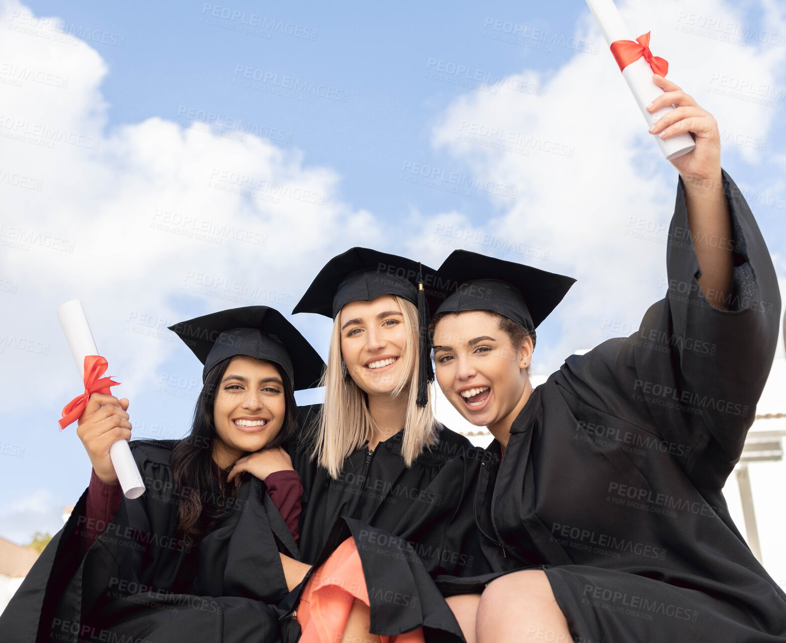 Buy stock photo Graduation, smile and portrait of female group of friends celebrate success on sky background. Happy women, diversity students and graduates in celebration of study goals, award and study motivation