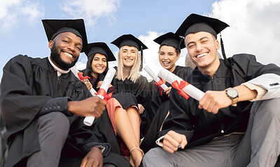 Buy stock photo Graduation, group portrait and students celebrate success on sky background. Happy international graduates, friends and celebration of study goals, award and smile for college certificate of learning