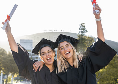 Buy stock photo Graduation, celebration and portrait of women cheering for scholarship success. Happy female students, graduate certificate and study goals with award, smile and motivation of friends at university 