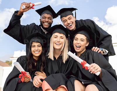Buy stock photo Graduation, diversity students and portrait for education success on sky background. Excited graduates, happy friends and celebration of study goals, university award and smile at college event