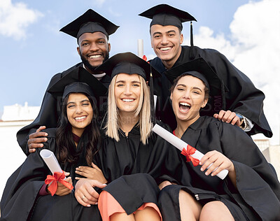 Buy stock photo Graduation, student group and happy portrait for success, diversity and sky background. International graduates, friends and celebration of study goals, award and smile for college education event 
