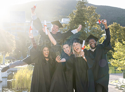 Buy stock photo Graduation, student group and selfie for success, motivation and campus memory. Happy graduates, diversity friends and taking photo at excited celebration of study goals, award and college education