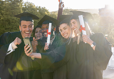 Buy stock photo University student group, selfie and holding certificate together for photo, social media or success in study goal. Friends, students and graduate celebration for education, learning and diversity