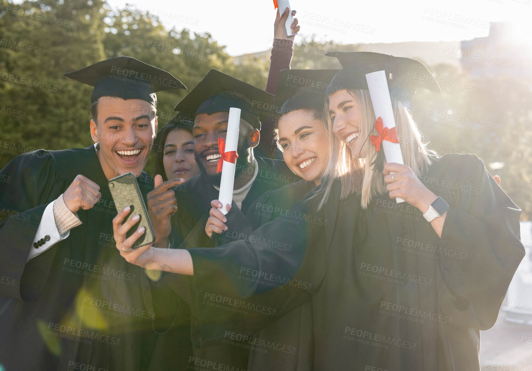 Buy stock photo University student group, selfie and holding certificate together for photo, social media or success in study goal. Friends, students and graduate celebration for education, learning and diversity