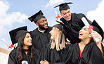 Graduation, happy students and group celebrate education success on sky background. Excited graduates, diversity campus and celebration of study goals, university award and friends at college event
