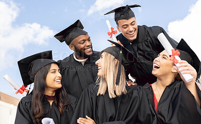 Buy stock photo Graduation, happy students and group celebrate education success on sky background. Excited graduates, diversity campus and celebration of study goals, university award and friends at college event