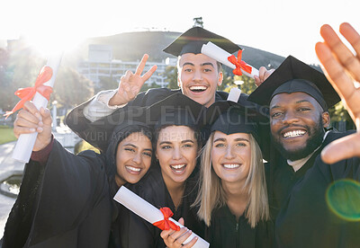 Buy stock photo University student group, selfie and holding diploma with pride, success and happiness with support for diversity. Friends, students and graduate celebration photo for education, learning and future