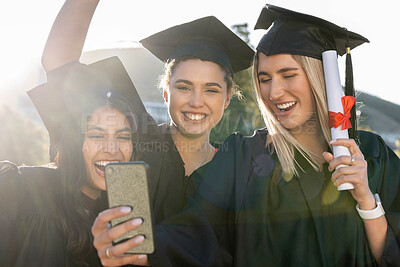 Buy stock photo University student group, women and selfie with diploma, diversity and success for study goal in sunshine. Friends, students and graduation celebration for with smartphone, social media and web blog