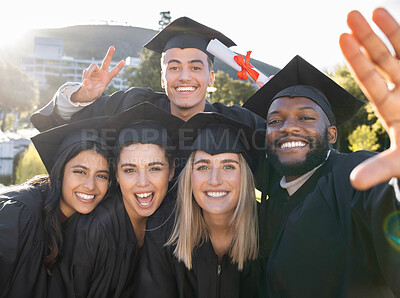 Buy stock photo Students, graduation selfie and outdoor at campus with happiness, pride and celebration in summer. College graduate friends, university student group and diversity with success, education and goals