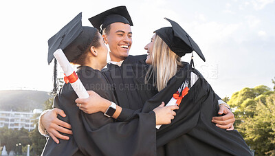 Buy stock photo Student graduation, friends and hug for celebration, success and certified education event outdoor. Diversity, smile and excited graduates celebrate at happy campus, university goals or study support