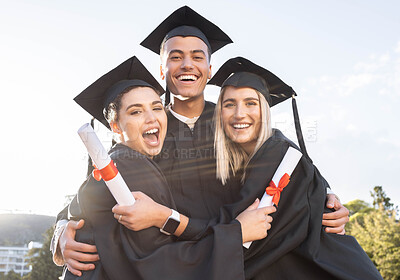 Buy stock photo Student graduation, group portrait and hug for celebration, success and education event outdoor. Diversity, smile and excited graduates celebrate at happy campus, university goals and college support