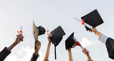 Buy stock photo Graduation certificate and group of hands in sky with winning success in college education. Learning, knowledge and winner future, celebration of study achievement and  graduate holding paper in air.