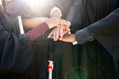 Buy stock photo Graduation, graduate celebration and hands, together and support, diploma with community and college people achievement. University degree, education and learning growth with ceremony and solidarity