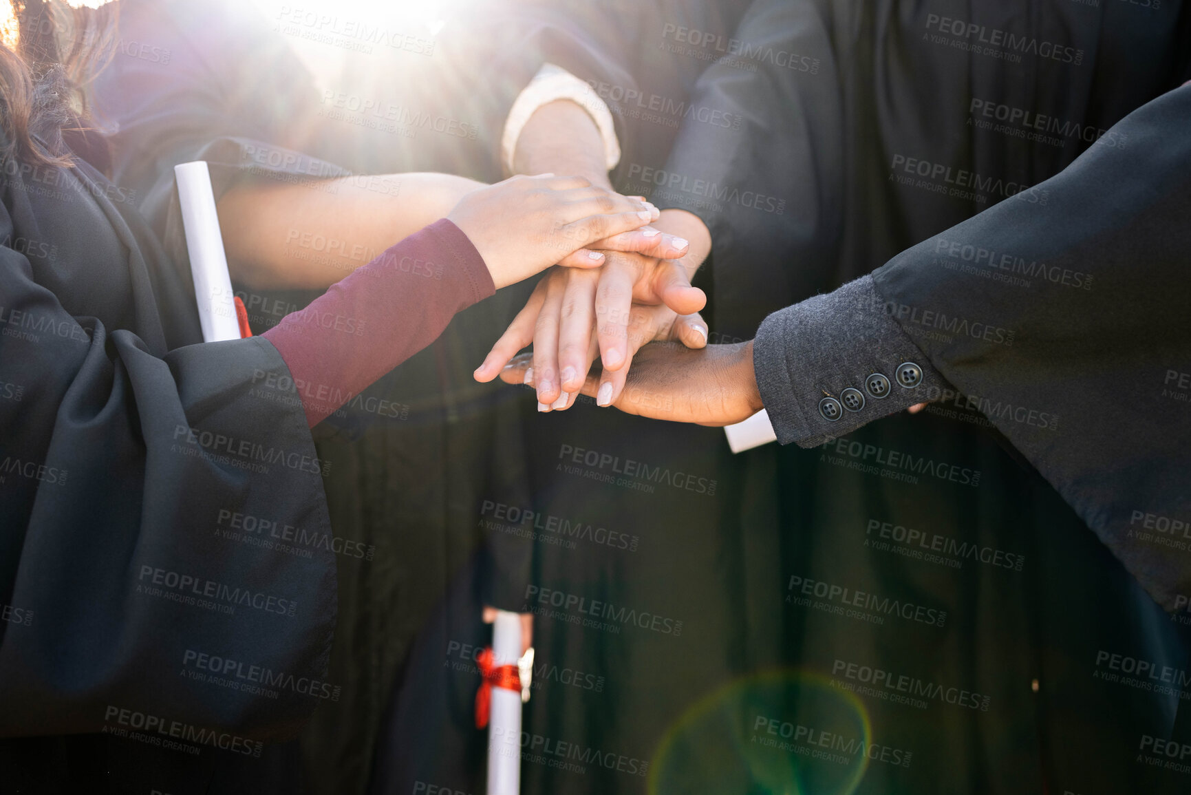 Buy stock photo Graduation, graduate celebration and hands, together and support, diploma with community and college people achievement. University degree, education and learning growth with ceremony and solidarity