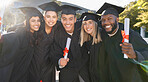 Graduation, happy group and portrait of students celebrate education success. Diversity of excited graduates smile outdoor at campus celebration for study goals, university award and college friends