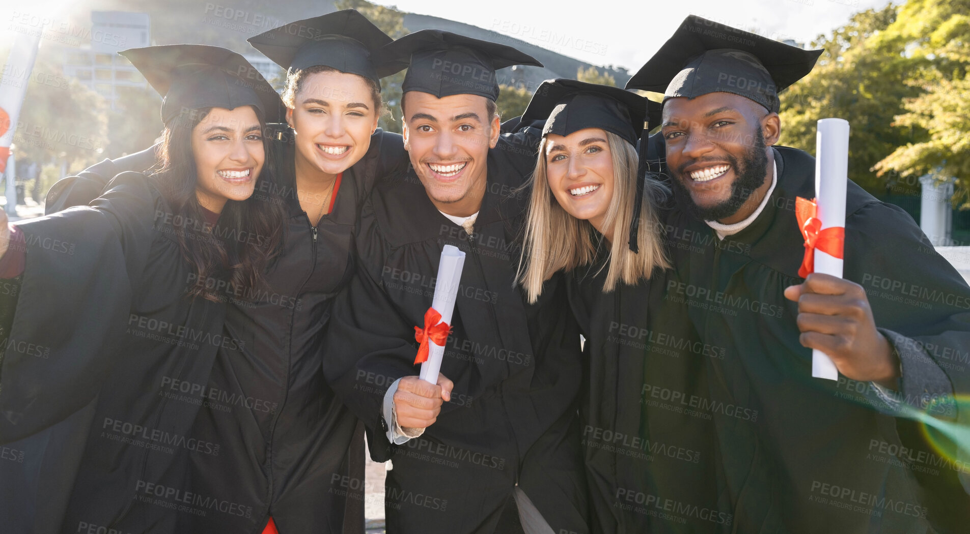 Buy stock photo Graduation, happy group and portrait of students celebrate education success. Diversity of excited graduates smile outdoor at campus celebration for study goals, university award and college friends