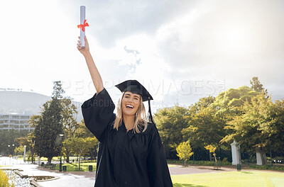 Buy stock photo Graduation, diploma and portrait of woman, winner and celebration of student success. Happy graduate, education certificate and excited for university goals, learning award and motivation for future 