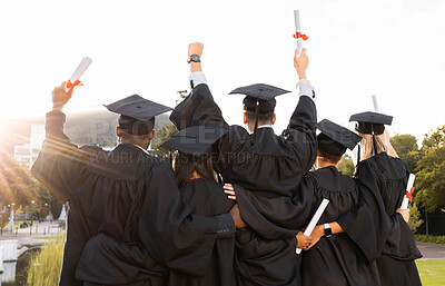 Buy stock photo Graduation, group and back view of students celebrate education success. Behind of excited graduates at campus celebration for study goals, university award and learning motivation for happy future
