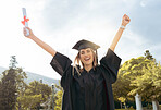 Graduation event, portrait and happy woman celebrate achievement, success and smile. Excited graduate, education certificate and celebration of university goals, learning award and student motivation