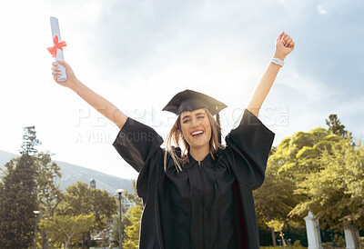 Buy stock photo Graduation event, portrait and happy woman celebrate achievement, success and smile. Excited graduate, education certificate and celebration of university goals, learning award and student motivation