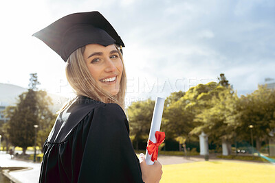 Buy stock photo Woman, student and smile for graduation, diploma or achievement in higher education. Portrait of happy female academic learner holding certificate, qualification or degree for university scholarship