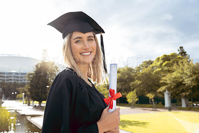 Buy stock photo Woman, student and portrait smile of graduate with achievement in higher education. Happy female academic smiling in graduation holding certificate, qualification or degree for university scholarship