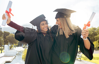 Buy stock photo Graduation, celebration and friends with diploma, success and pride. Happy women, graduate students and certificate of study goals, target award and smile of education, motivation and winning outdoor