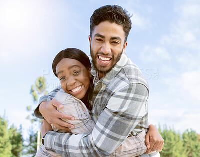 Buy stock photo Couple, portrait smile and hug for summer vacation, travel or holiday break together outdoors. Happy man and woman hugging, smiling and enjoying traveling, trip or getaway in nature happiness