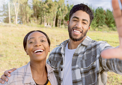 Buy stock photo Portrait, interracial and couple in nature, love and happiness on vacation, romance and bonding. Romantic, black woman and happy man in countryside, holiday and adventure for quality time and loving 