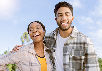 Buy stock photo Happy couple, smile and hug for summer vacation, travel or holiday break together outdoors. Portrait of man and woman hugging, smiling and enjoying traveling, trip or getaway in nature with happiness