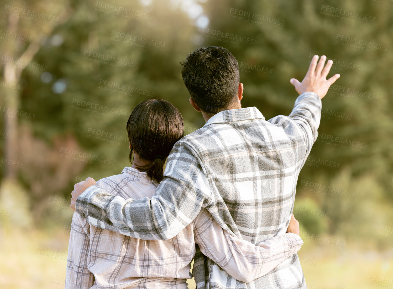 Buy stock photo Trees, nature gesture and couple hug on outdoor quality time together, hiking adventure or forest bonding journey. Peace, freedom and love for back of travel woman, man or people trekking in woods