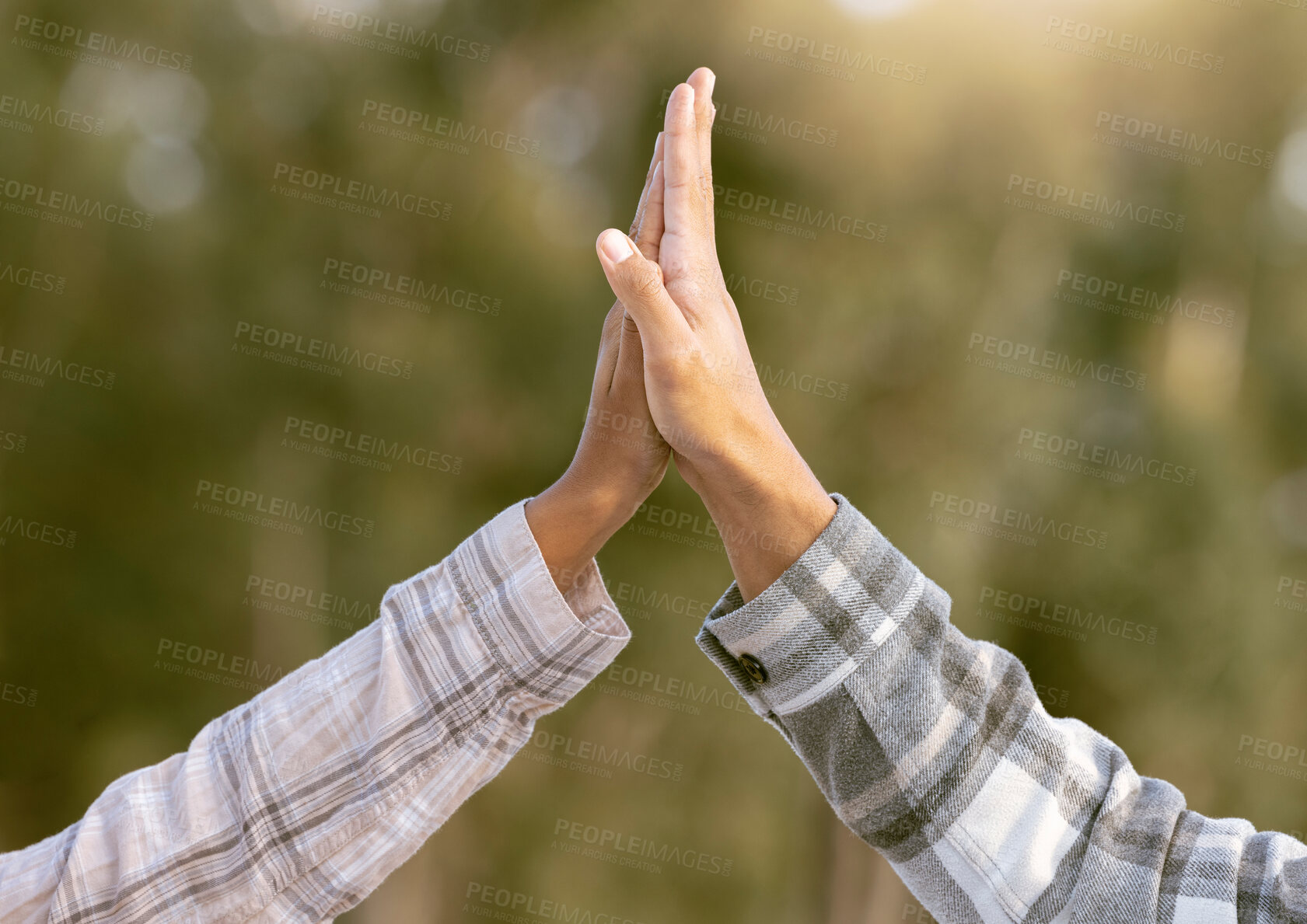 Buy stock photo High five, success and hands of agriculture business partnership with motivation from b2b deal. Agreement, yes and success hand sign of people outdoor with blurred background and winner gesture